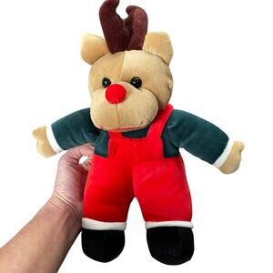 Vintage Rudolph the Reindeer Plush Velour Red Overalls Stuffed Y2K Christmas Toy